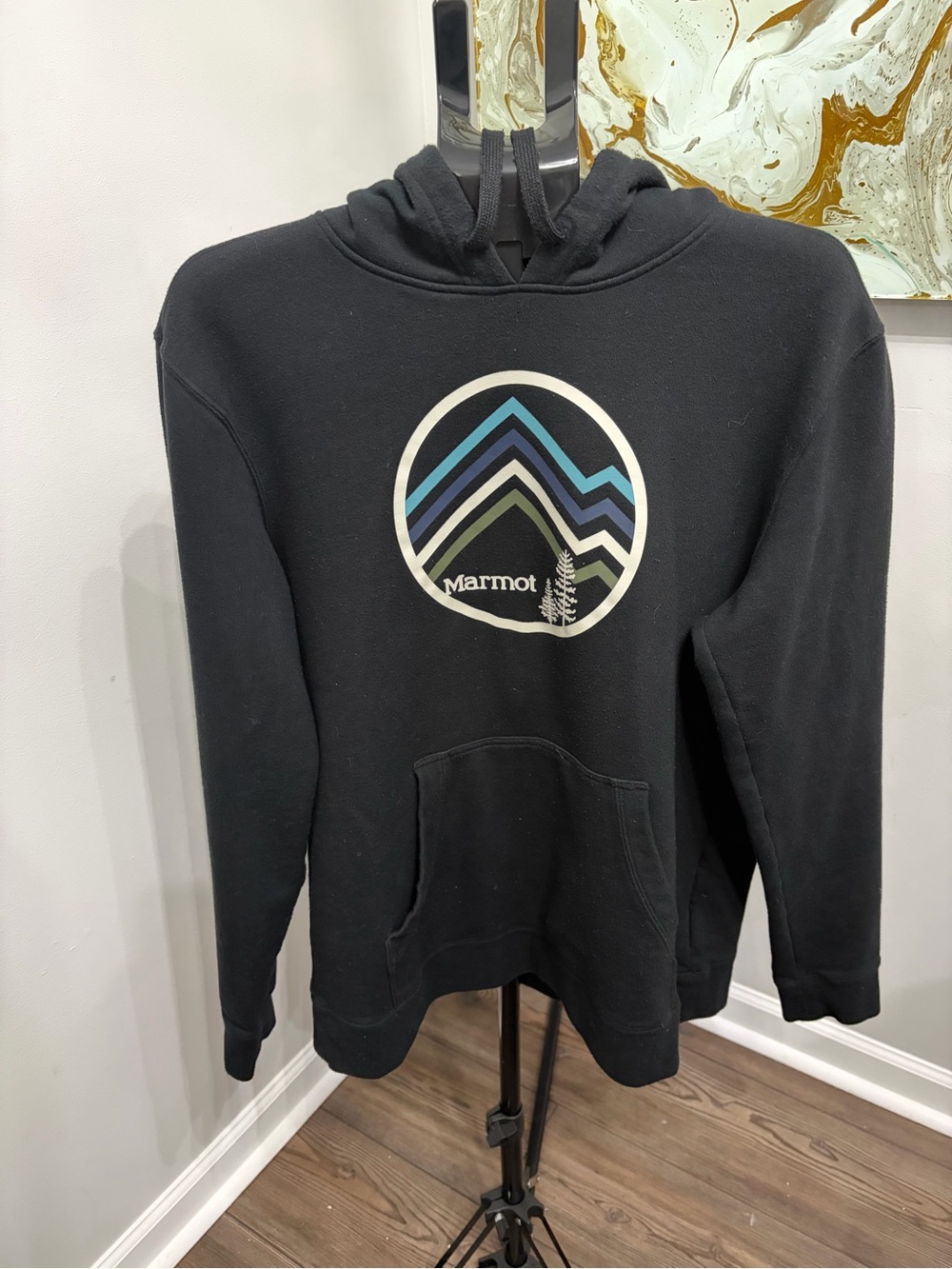 Marmot Men's Black Mountain Graphic Pullover Hoodie Size Large Flawed